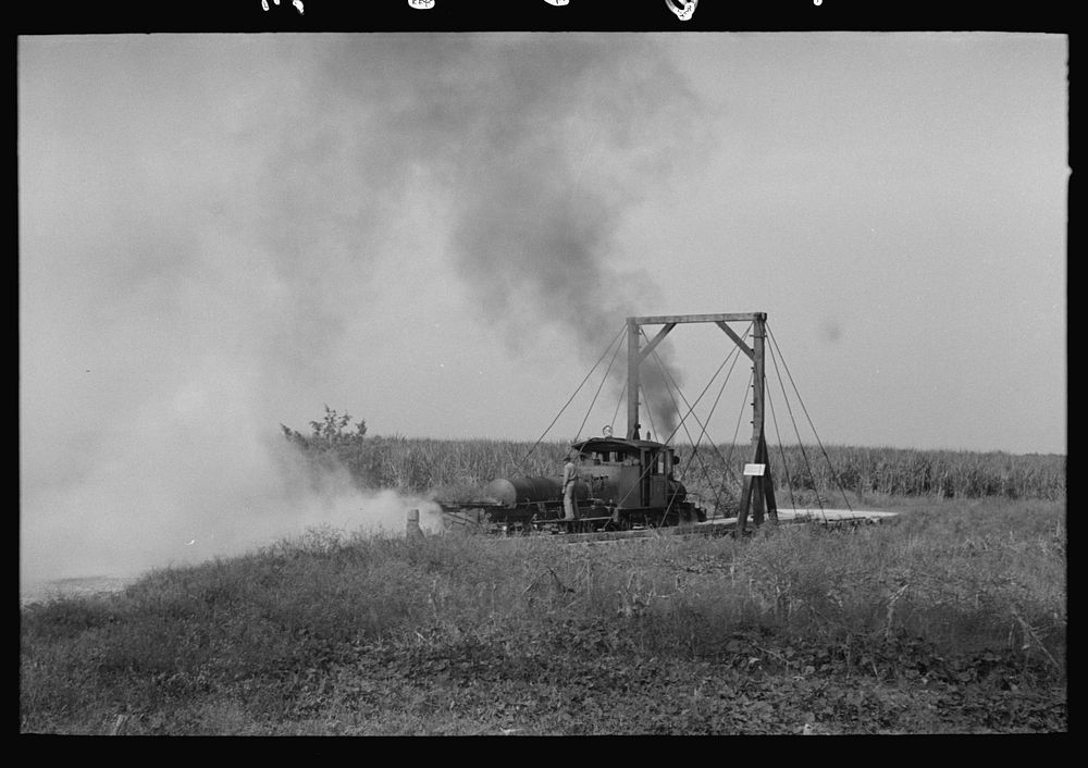 [Untitled photo, possibly related to: Weed burner in operation near Jeanerette, Louisiana] by Russell Lee