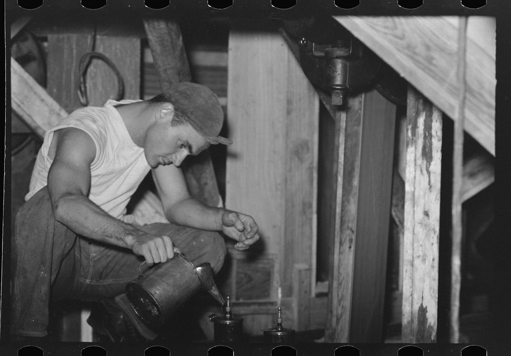 [Untitled photo, possibly related to: Examining rice to determine progress of milling operation, Crowley, Louisiana, state…