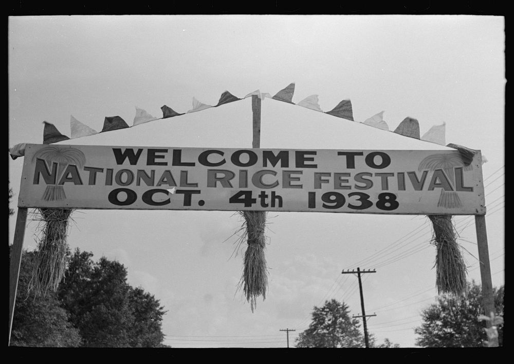 Banner of welcome to National Rice Festival, Crowley, Louisiana by Russell Lee