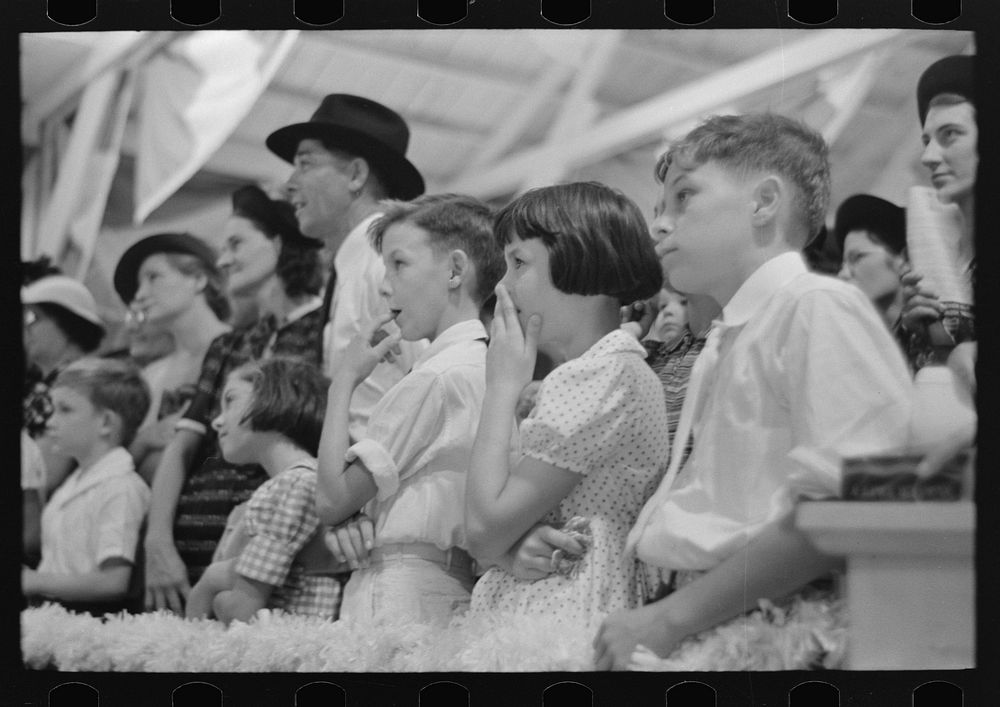 Group of people watching magician, state fair, Donaldsonville, Louisiana by Russell Lee