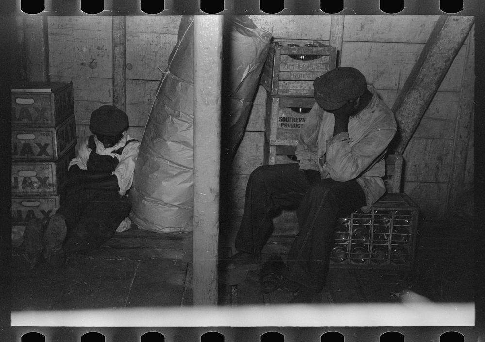 [Untitled photo, possibly related to:  stevedores sleeping on pile of lumber on bow of packet boat on Mississippi River…