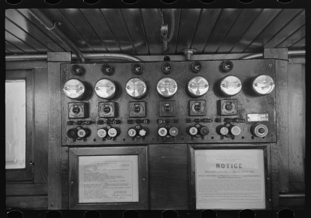 [Untitled photo, possibly related to: Wheel house of U.S. Engineer's tug] by Russell Lee