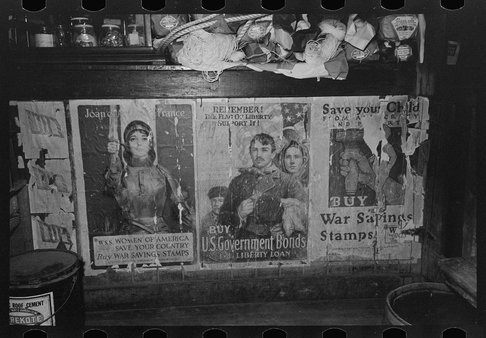 Liberty loan posters in general store, Olga, Louisiana by Russell Lee