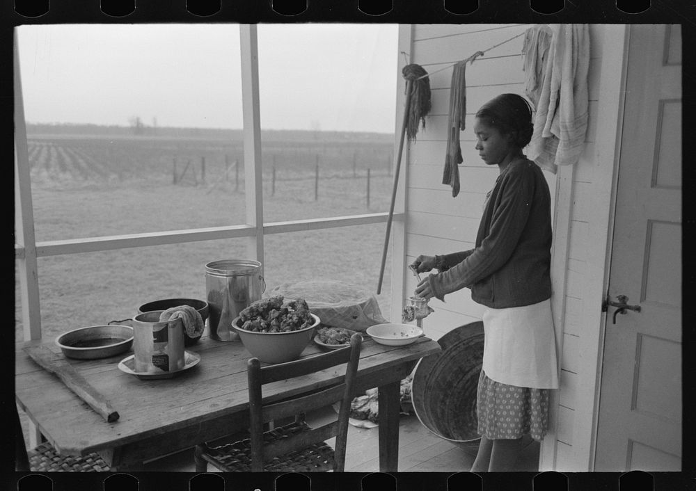 [Untitled photo, possibly related to: Farmer's wife grinding meat to make sausage, Lakeview Project, Arkansas] by Russell Lee