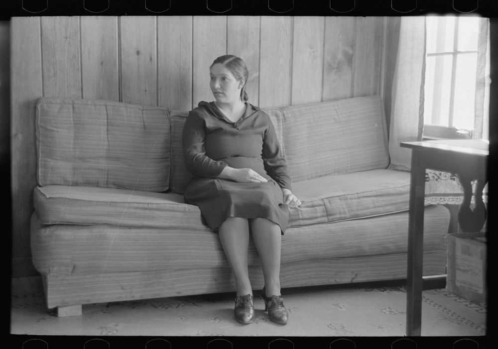 Wife of Chicot Farms homesteader sitting on homemade sofa, Chicot Farms, Arkansas by Russell Lee