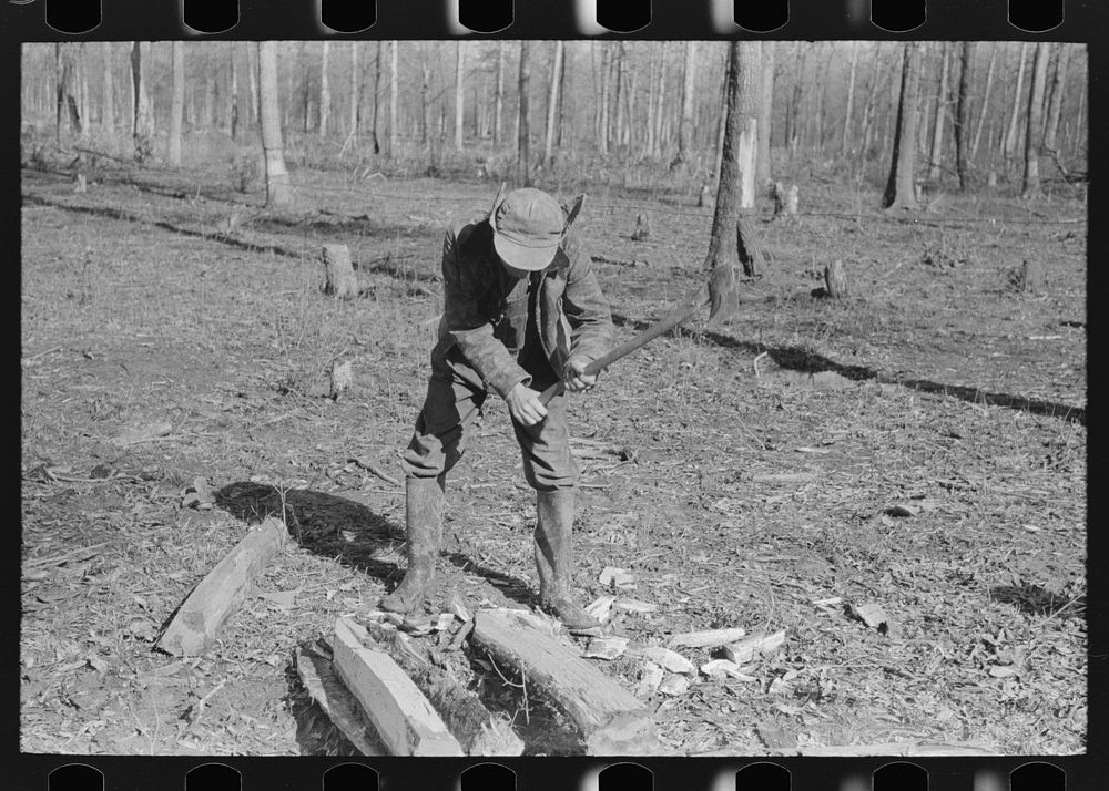 [Untitled photo, possibly related to: Farmer of Chicot Farms, Arkansas striking match on button of overalls] by Russell Lee