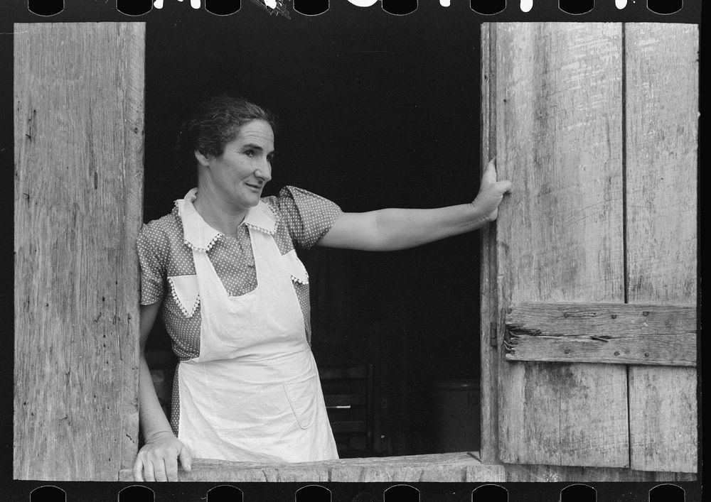 Wife of FSA (Farm Security Administration) client in window of her old home from which she will move when new house is built…