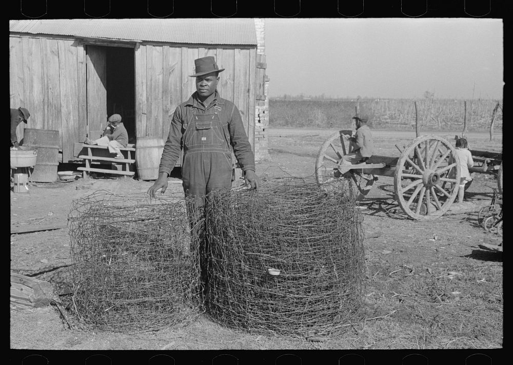 Sharecropper with wire which he has rolled up after taking down fences on his rented farm, Transylvania Project, Louisiana…