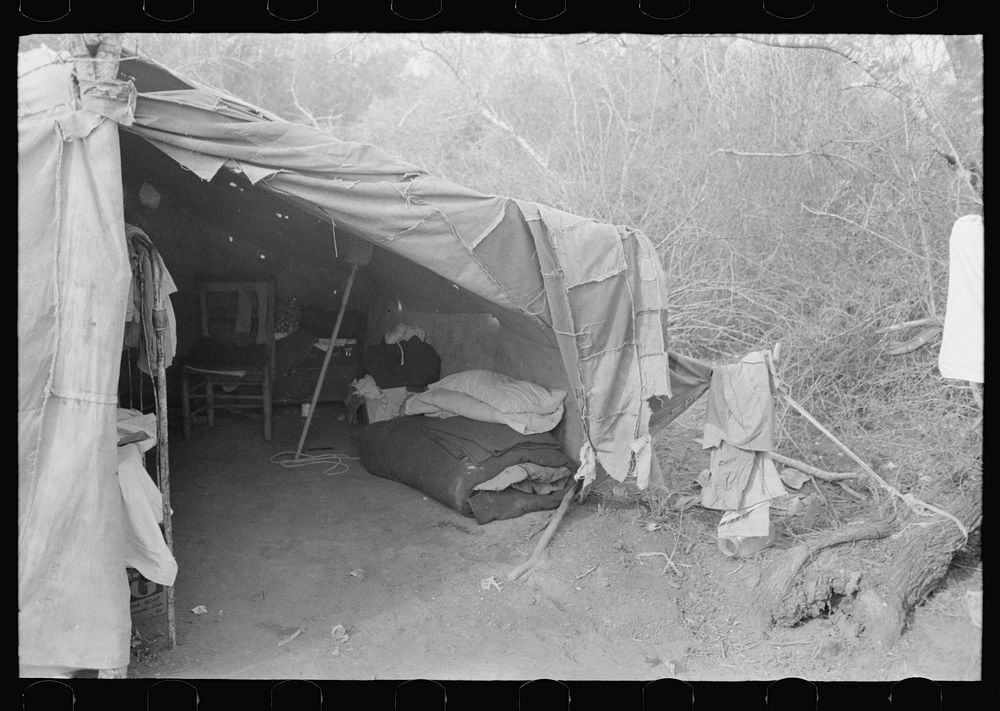 [Untitled photo, possibly related to: Tent home of white migrant family near Harlingen, Texas] by Russell Lee