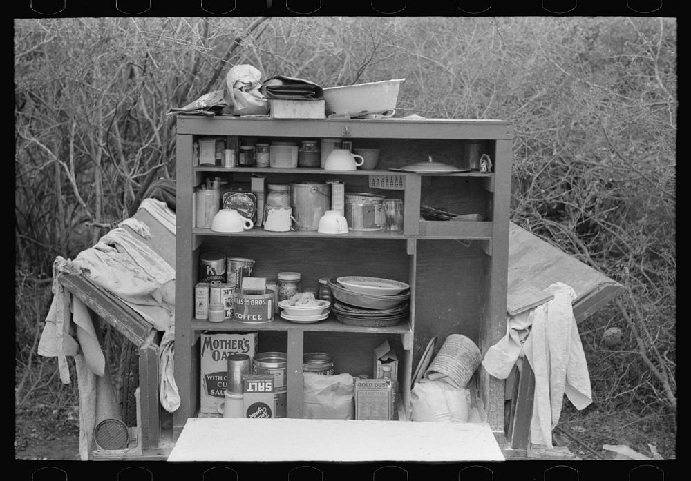Detail of kitchen cabinet on trailer of white migrant near Harlingen, Texas by Russell Lee