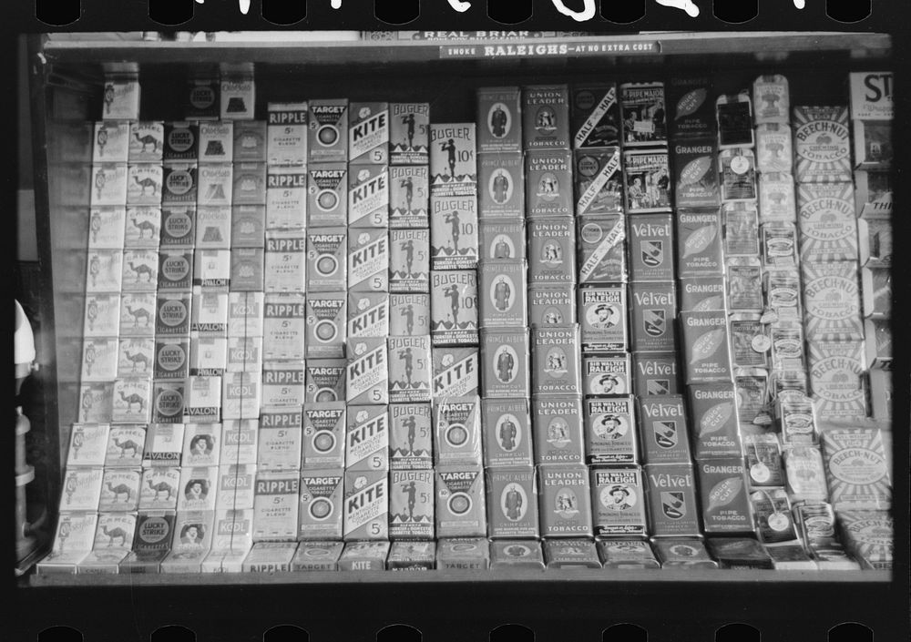 Display of cigarettes and smoking tobacco, Crystal City, Texas by Russell Lee