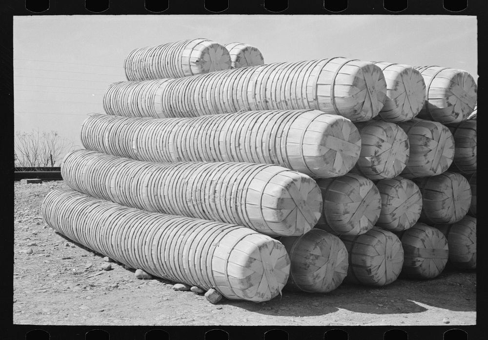 Pile of spinach baskets, La Pryor, Texas by Russell Lee
