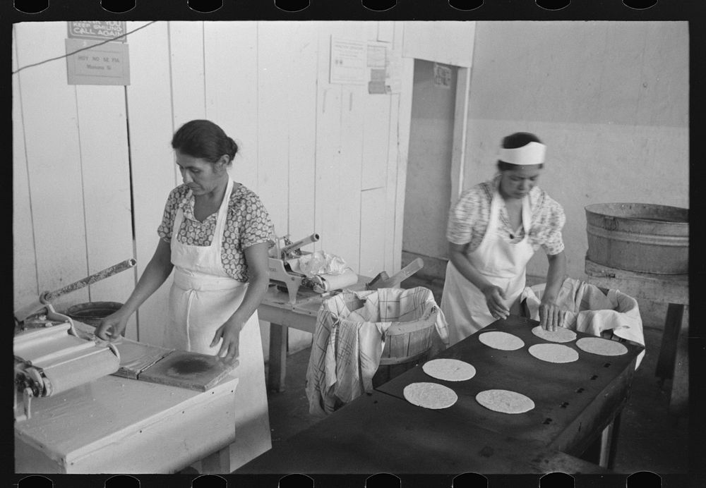 Making tortillas in bake shop, San Antonio, Texas. Tortillas are made of corn flour which is very finely ground and mashed…
