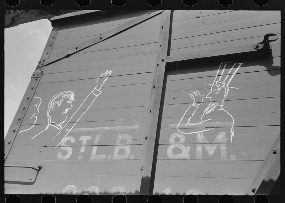 Fascism and Uncle Sam sign on box car, Crystal City, Texas by Russell Lee