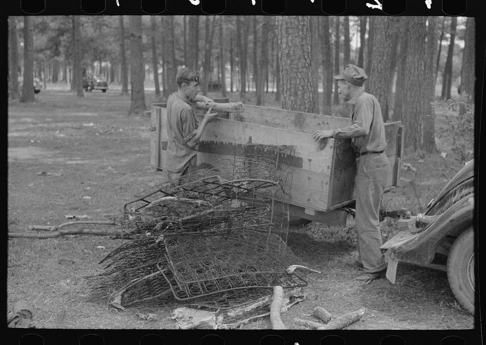 [Untitled photo, possibly related to: White migrant strawberry picker unloading automobile cushion springs from trailer.…