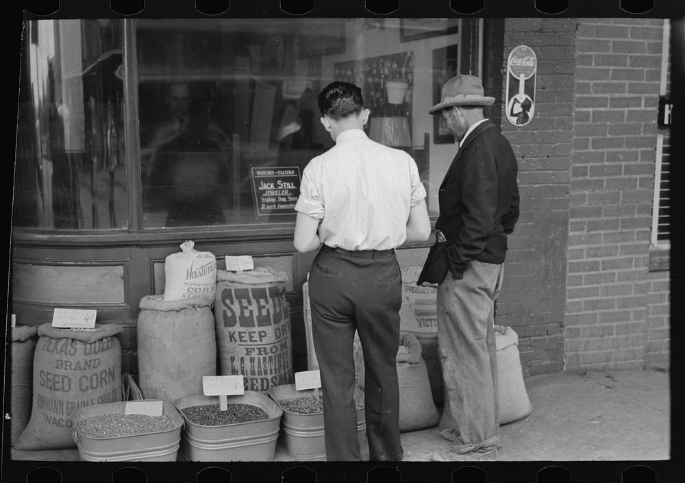 Clerk and farmer looking at displayed seed, San Augustine, Texas by Russell Lee