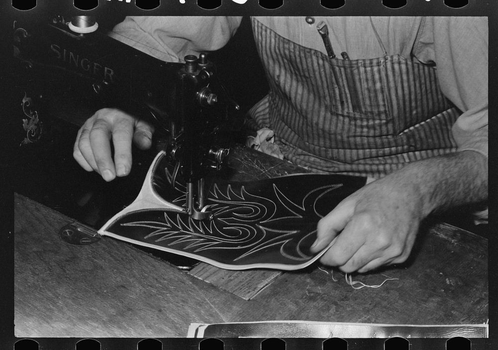 [Untitled photo, possibly related to: Sewing cap into toe of boot. Cowboy bootmaking shop, Alpine, Texas] by Russell Lee