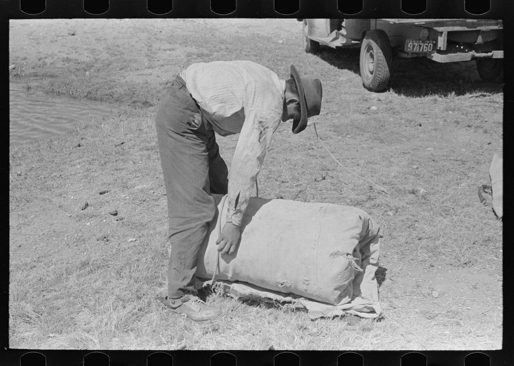 [Untitled photo, possibly related to: Tying the bedroll. Bunk of the cowboy on the range. Cattle ranch near Marfa, Texas] by…