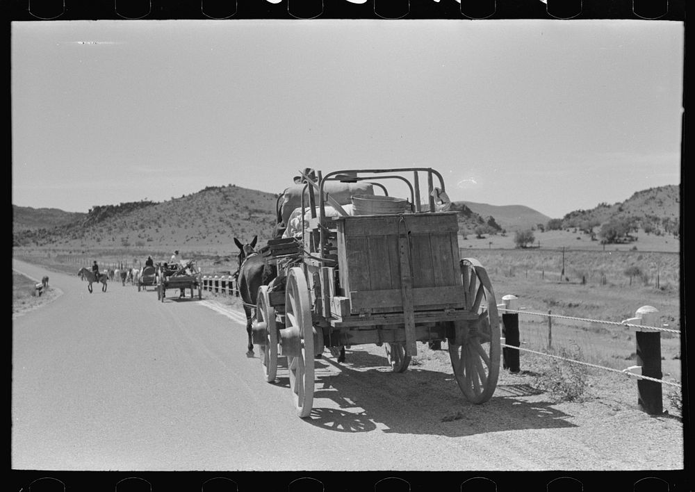 [Untitled photo, possibly related to: Chuck and bedroll wagon of the tank gang on the highway. Near Marfa, Texas] by Russell…