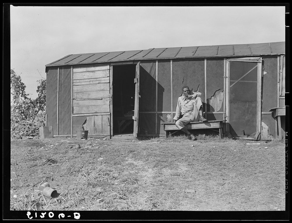 Migrant laborer and his living quarters in vegetable picking section near Lake Harbor, Florida. Sourced from the Library of…