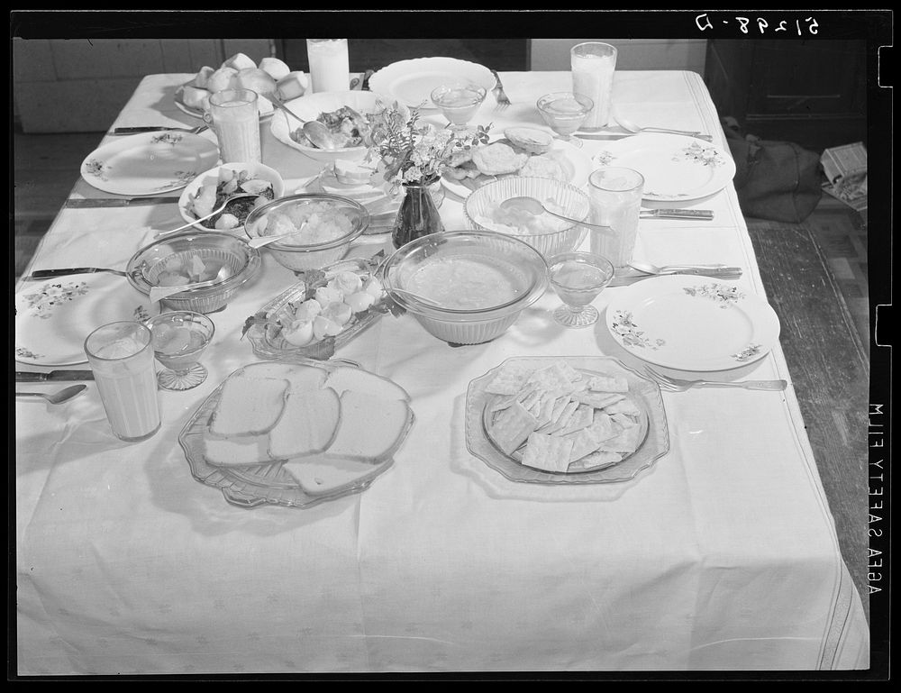 Balanced diet at Helms family supper: roast beef (home canned) turnip greens, potato salad, stuffed eggs, lima beans, rice…