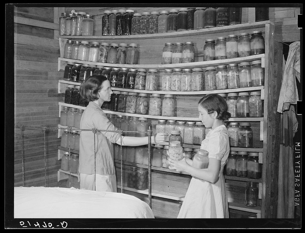 Mrs. Peacock and daughter Mary, RR (Rural Rehabilitation) four years, getting some of their supply of canned foods for…
