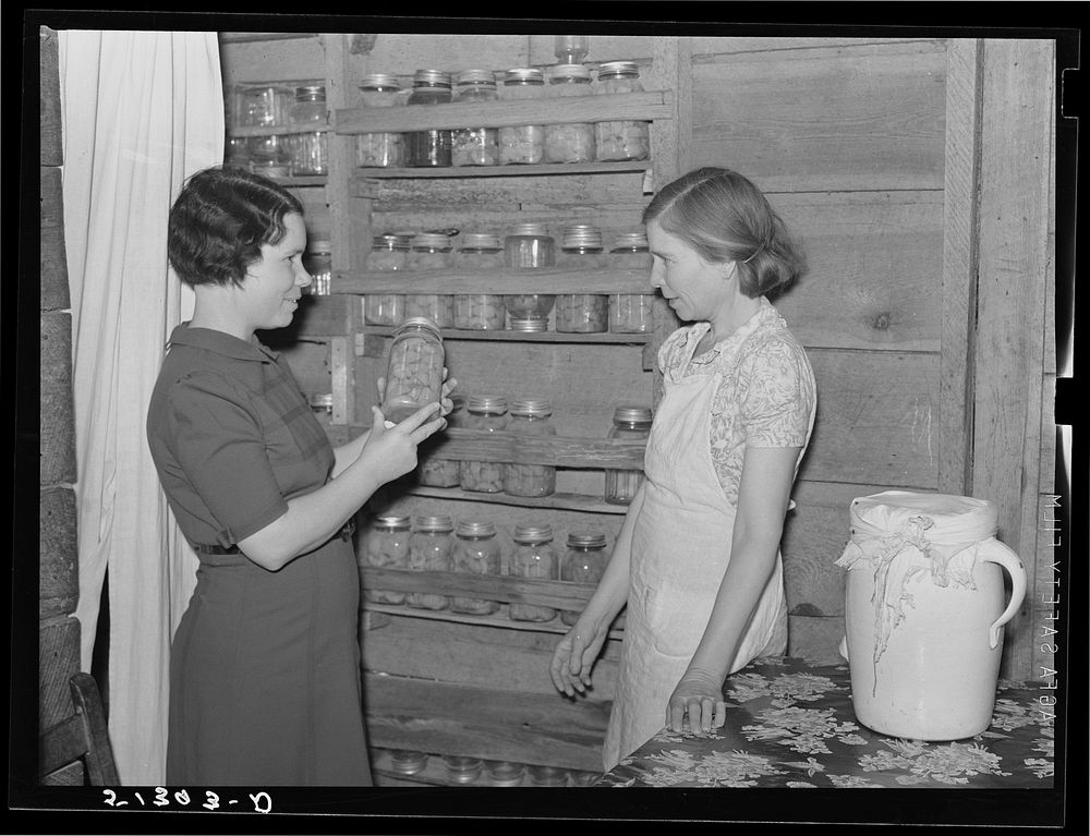 Mrs. Lewis (R.R.-Rural Rehabilitation) talking to home economist, Miss Maddox, about her canned goods. Coffee County…