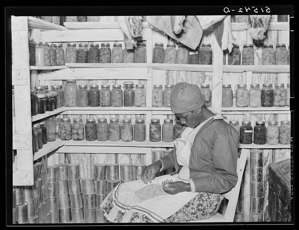 Jorena Pettway sorting peas inside her smokehouse. She still has many fruits and vegetables which she canned last year.…