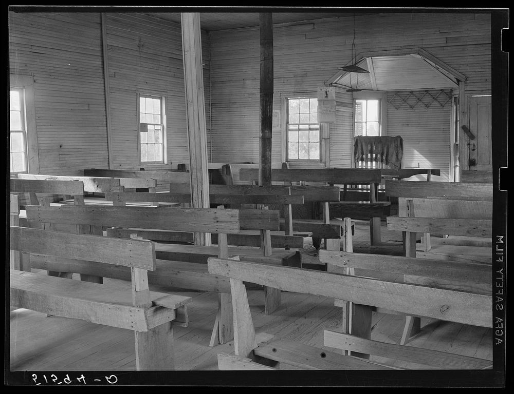 Interior of old church also used for school. Flint River Farms, Georgia. Sourced from the Library of Congress.