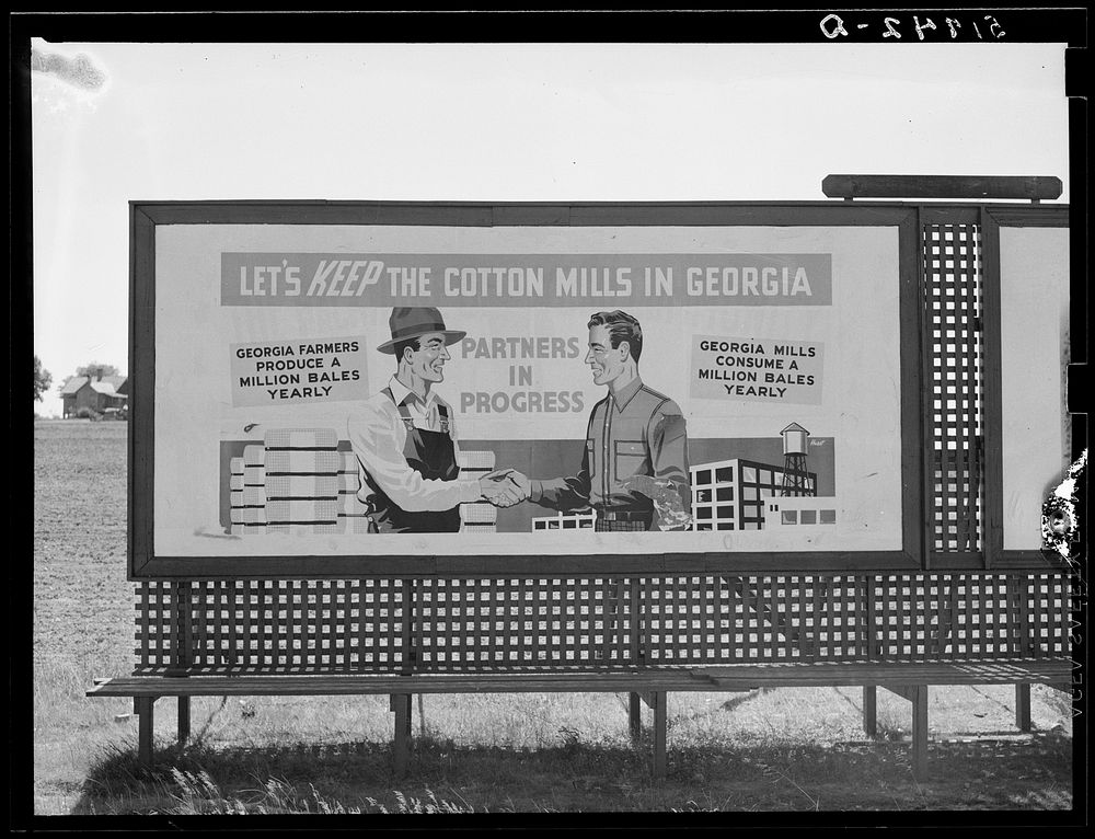 Signboards along Georgia highway indicating attitude and anxiety of manufacturers and mill owners. Sourced from the Library…