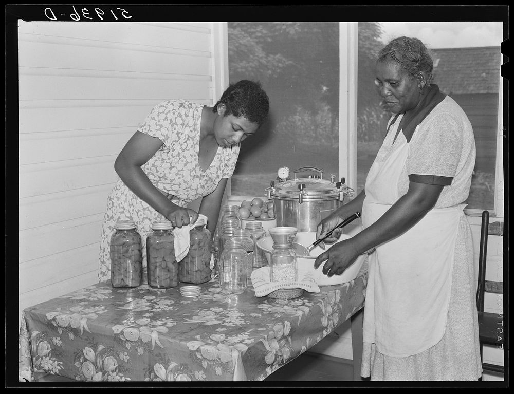 Wife and daughter of Frederick Oliver, tenant purchase client, canning food with aid of new pressure cooker. Summerton…