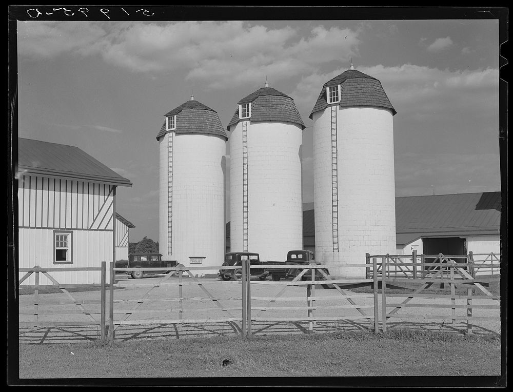 Barn and silos on rich farmland. Bucks County, Pennsylvania. Sourced from the Library of Congress.