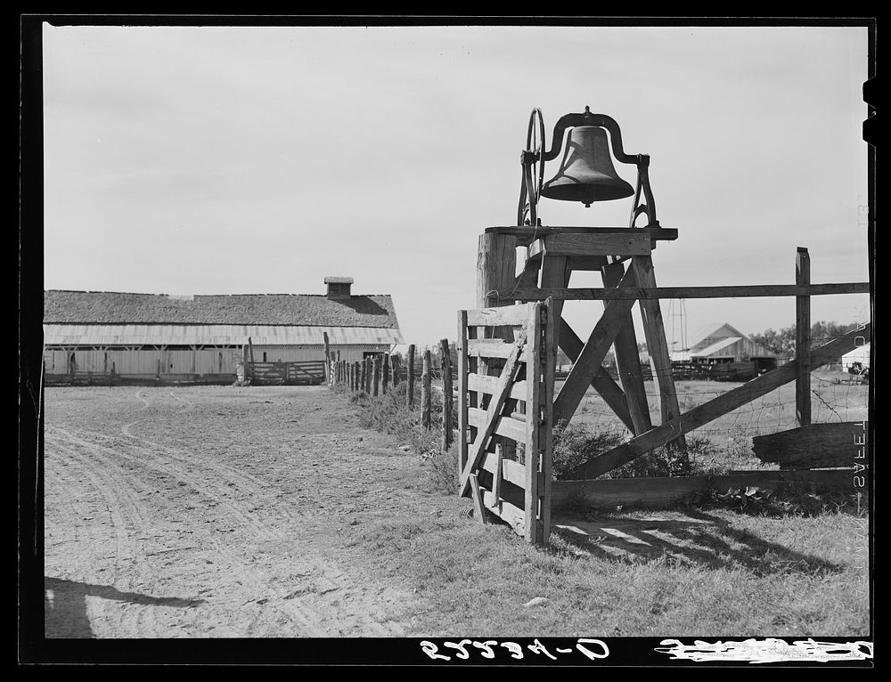 Old bell on Clover Hill cotton plantation, near Clarksdale. Mississippi Delta, Mississippi. Sourced from the Library of…