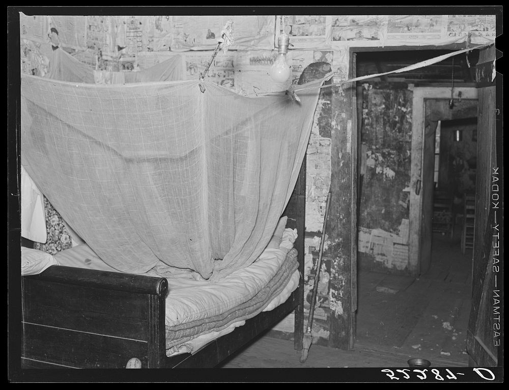 Interior of  tenant's home showing mosquito netting over bed. Mileston Plantation, Mississippi. Sourced from the Library of…