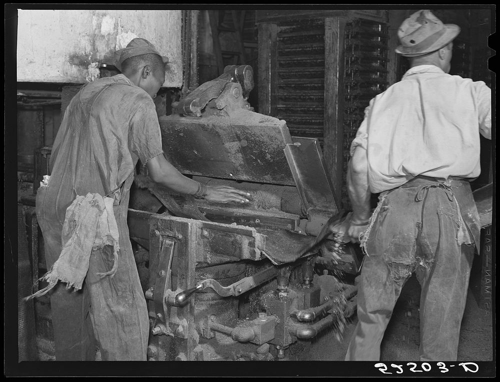 Removing chinese hair mat from cake of cottonseed meal. This meal is fed to cattle. Clarksdale, Mississippi Delta. Sourced…