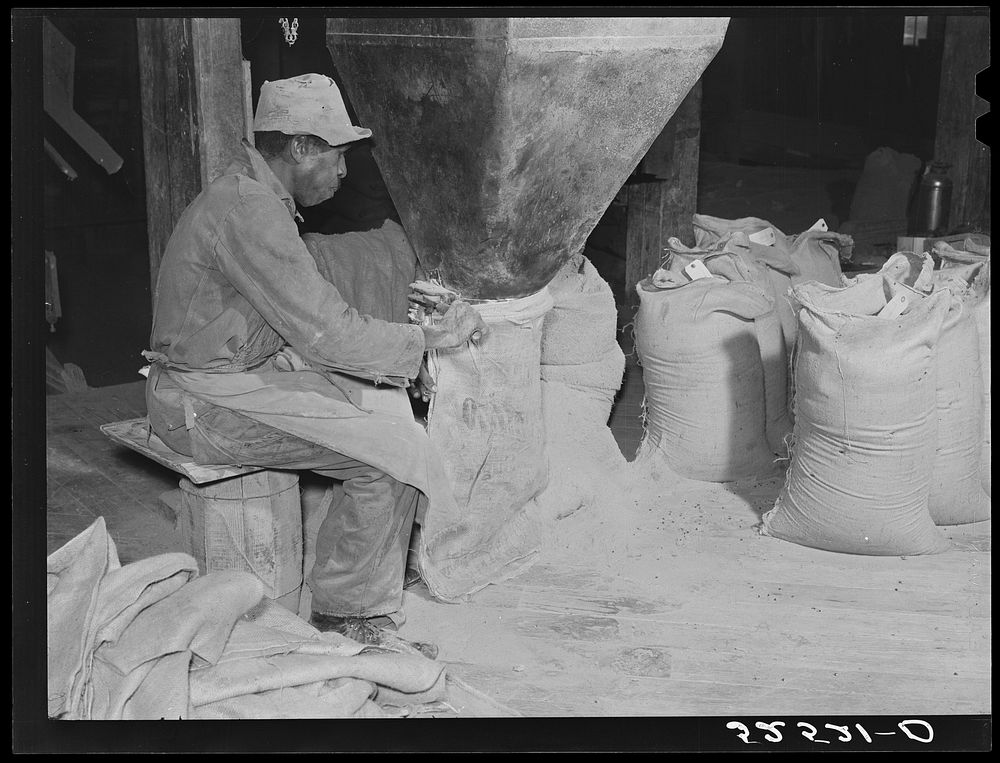 Bagging the cottonseed meal in oil plant. Clarksdale, Mississippi Delta. Sourced from the Library of Congress.