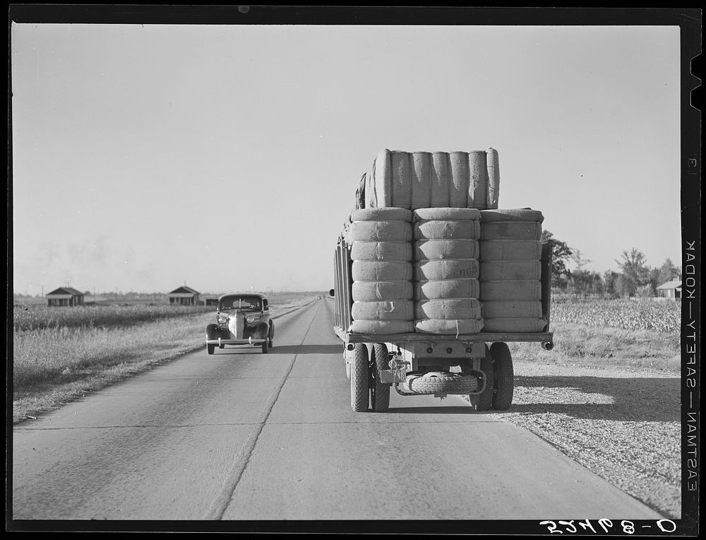 [Untitled photo, possibly related to: Truck with bales of cotton from Hopson Planting Company gin going up highway to…