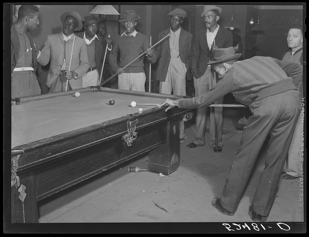 Shooting pool on Saturday afternoon. Clarksdale, Mississippi Delta. Sourced from the Library of Congress.