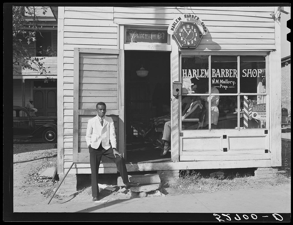 Barber shop on [Hillsboro] street. Oxford, Granville County, North Carolina. Sourced from the Library of Congress.