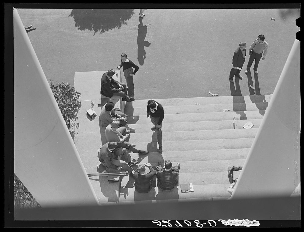 Students on steps of building between classes. University of North Carolina, Chapel Hill, Orange County. Sourced from the…