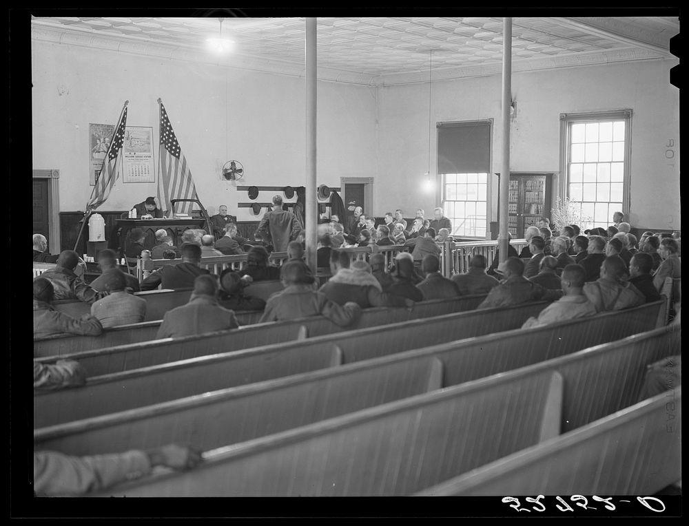 [Untitled photo, possibly related to: Interior of courtroom during trial of automobile accident case during court week in…