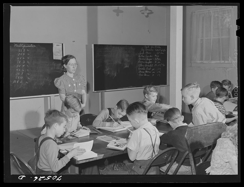 [Untitled photo, possibly related to: School in basement of church. Hermiston, Oregon. The school board didn't have adequate…