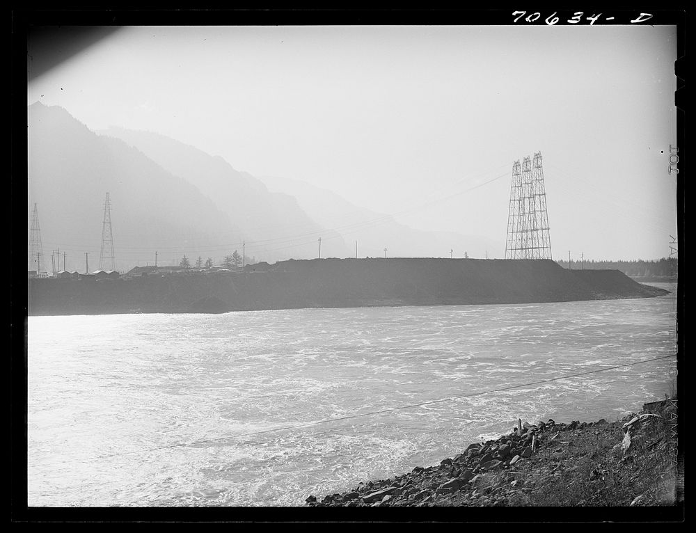 [Untitled photo, possibly related to: Columbia River and crossing towers for transmitting power across the river from…