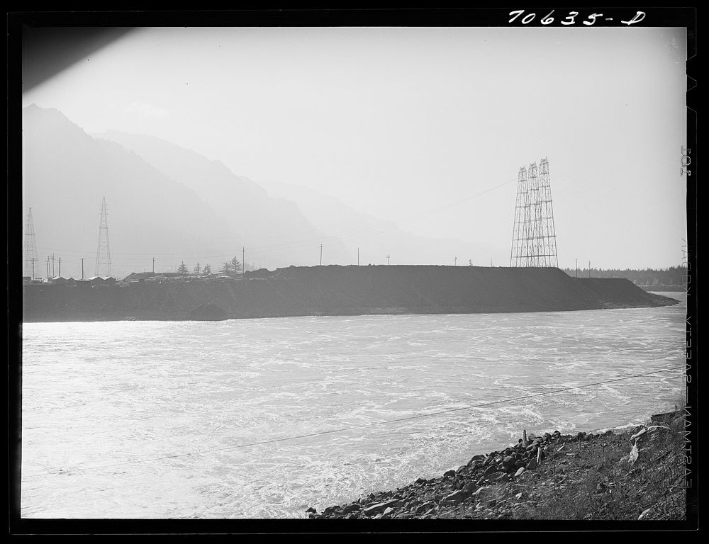 Columbia River and crossing towers for transmitting power across the river from hydroelectric plant at Bonneville Dam…