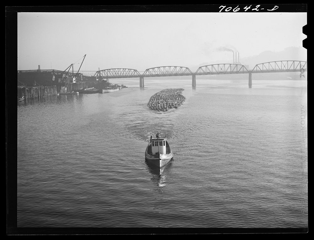 [Untitled photo, possibly related to: Log rafts are towed by tugs in the Willamette River. Portland, Oregon] by Russell Lee