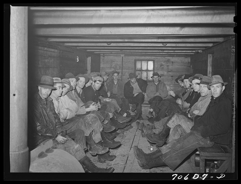 Long Bell Lumber Company, Cowlitz County, Washington. Lumberjacks in one of the crummies, a railroad car which transports…