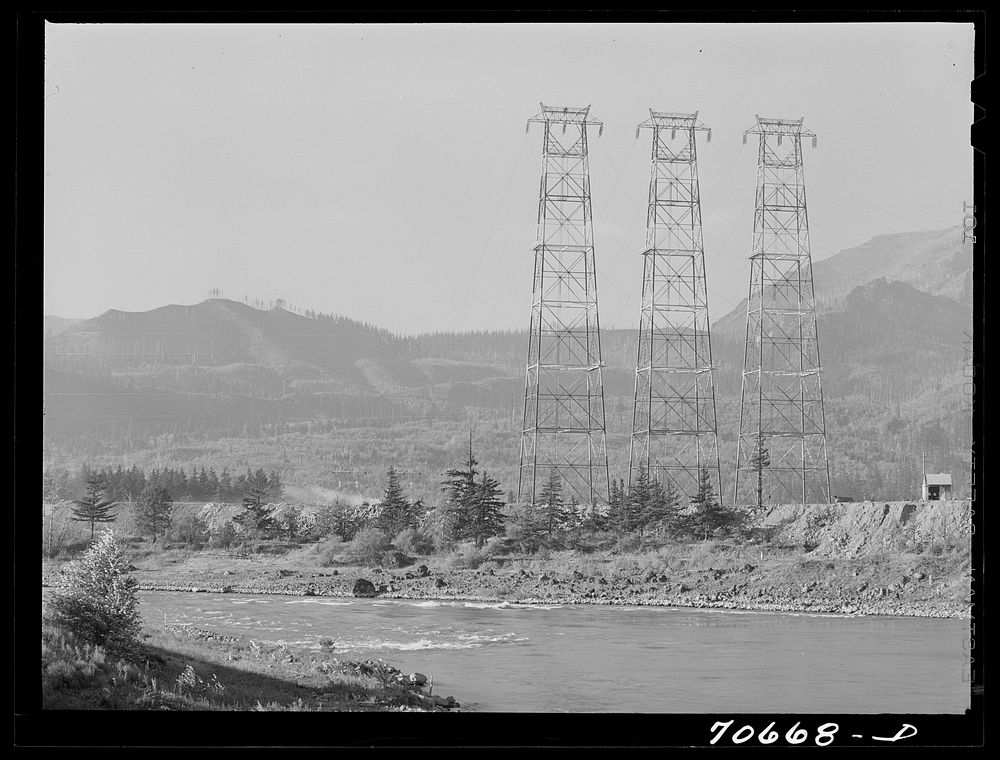 Crossing towers and the Columbia River at Bonneville Dam, Oregon by Russell Lee