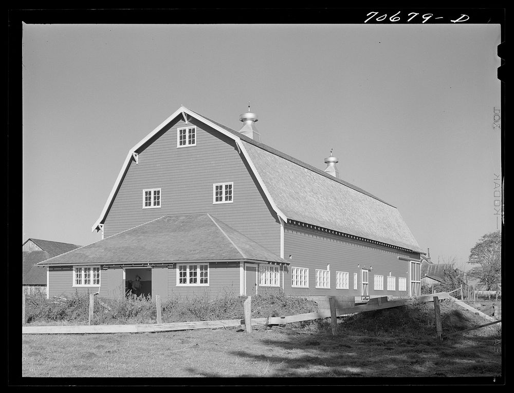[Untitled photo, possibly related to: "Hip" barn of dairy farmer in Tillamook County, Oregon. Most of the milk produced in…
