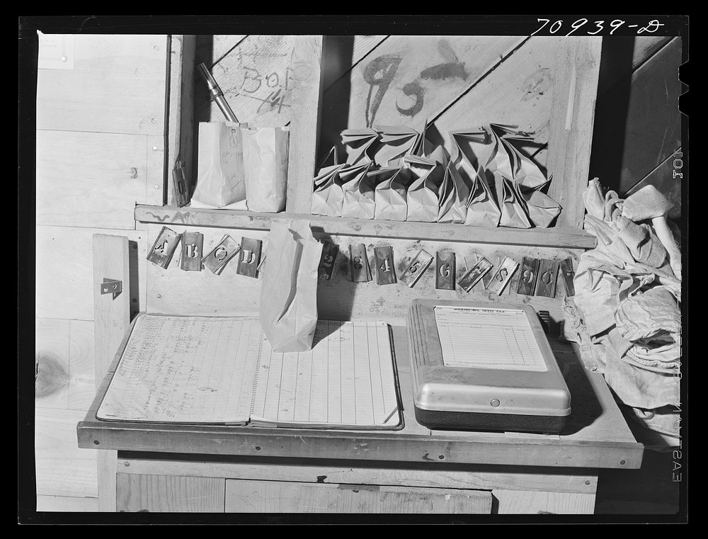 Samples of seed at desk in seed mill. Ontario, Oregon by Russell Lee