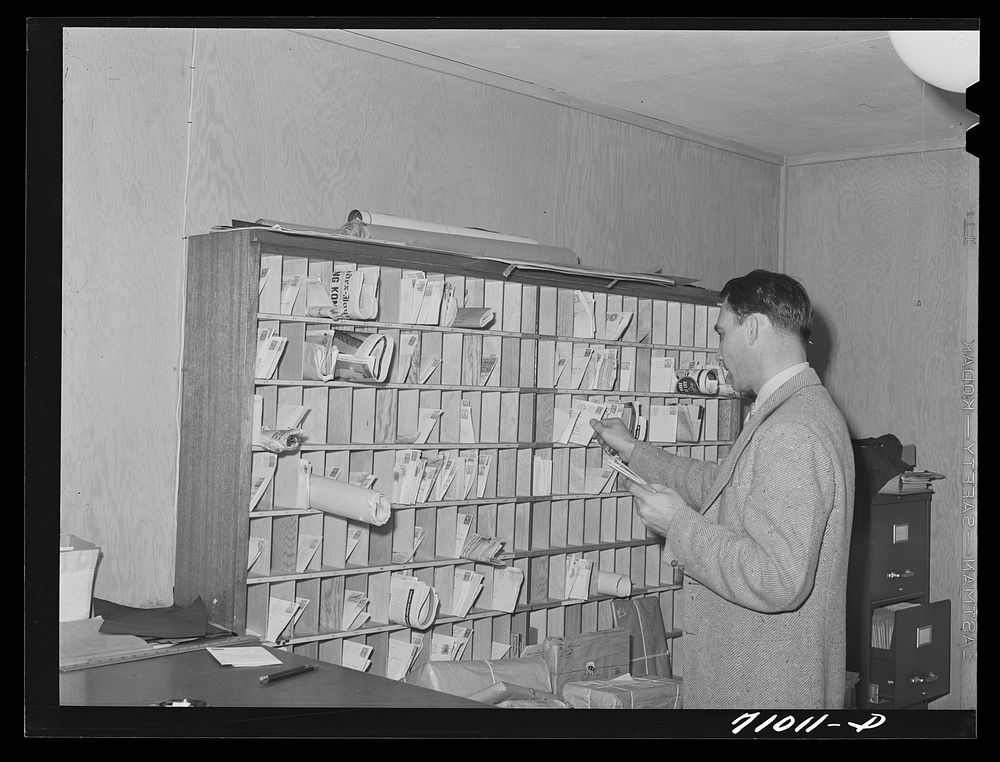 Vallejo, California. Mail racks at the office of the FSA (Farm Security Administration) dormitories for defense workers by…